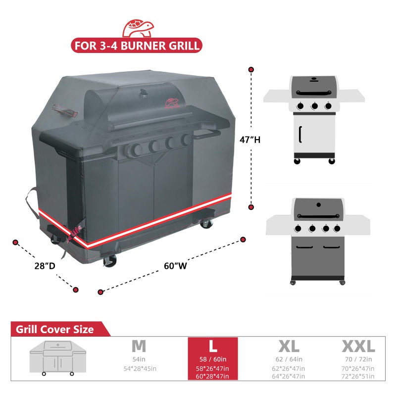 Turtle Life BBQ Grill Cover, 60 Inch Heavy Duty Waterproof 3-4 Burner Barbecue Gas Grill Covers for Weber Genesis Char-Broil Nexgrill Deluxe, Black - Image 2